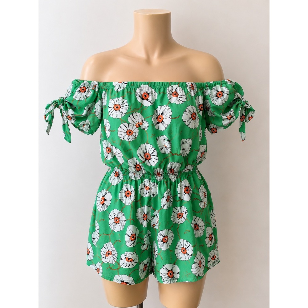 Curvy Sense Green Floral Off Shoulder Romper Plus Size 4X Poppy Print Pockets